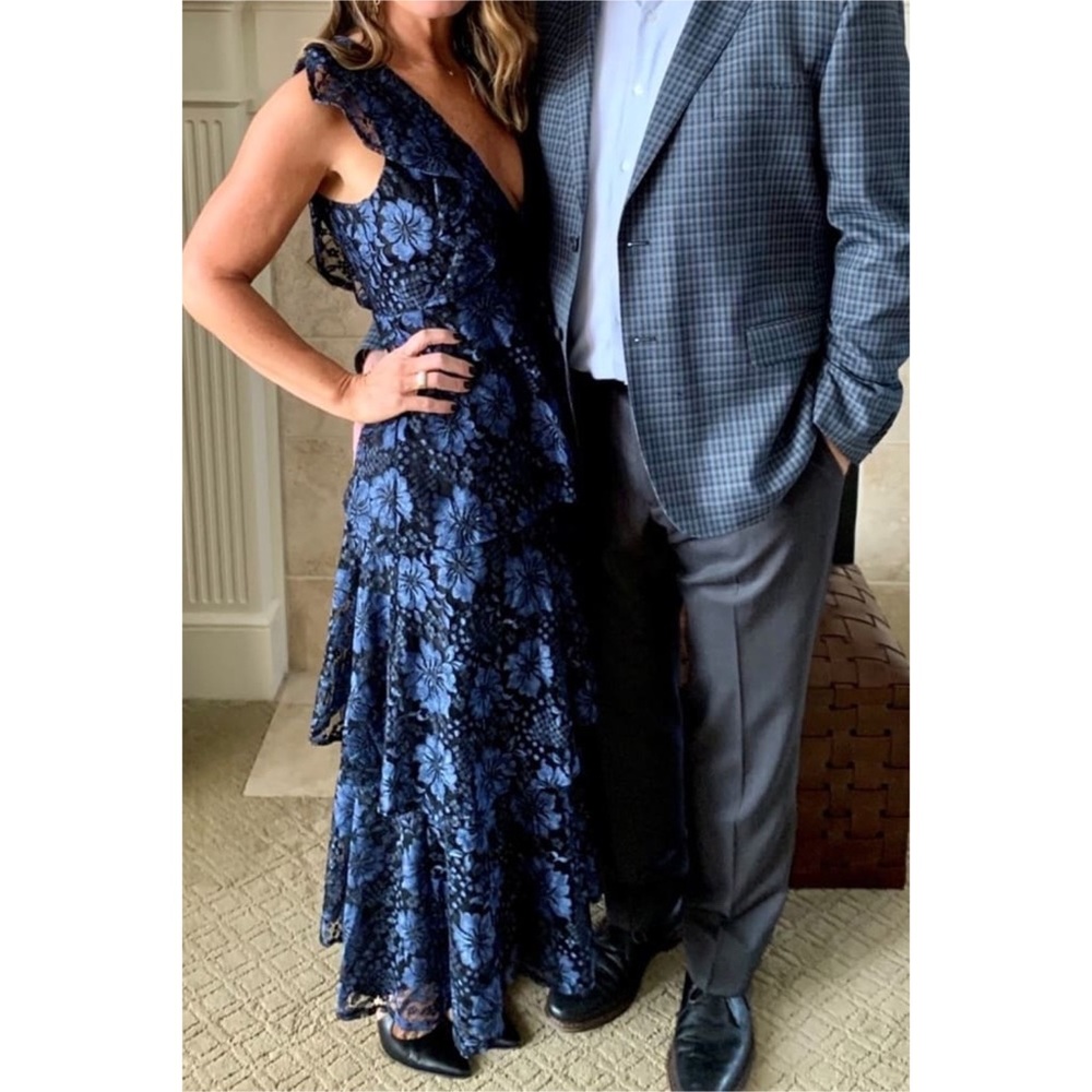 Navy Blue Lace Ruffled Tiered Sleeveless Maxi Dress